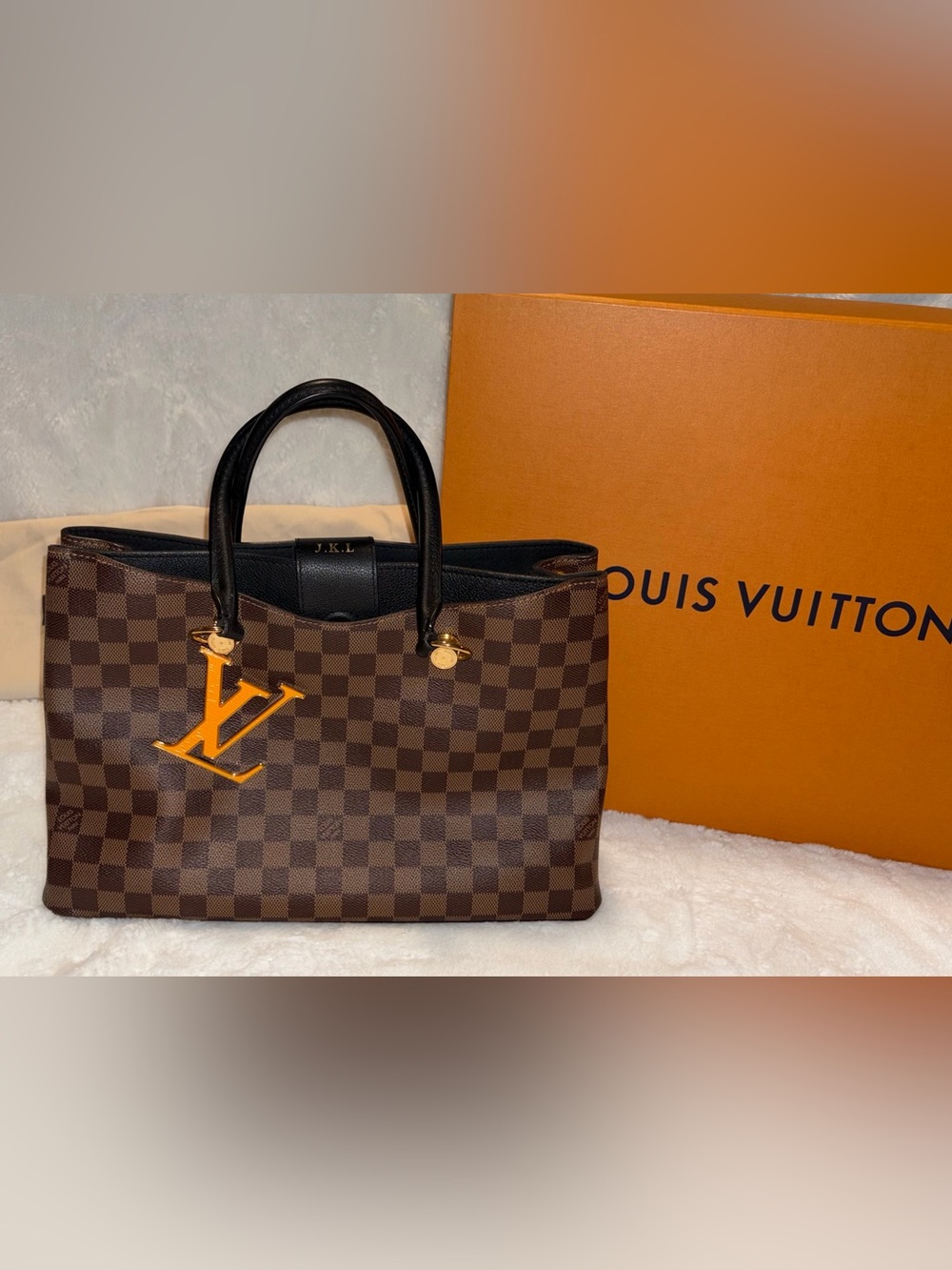 Louis Vuitton Brown Damier Ebene Tote with Black Handles and Gold Charm